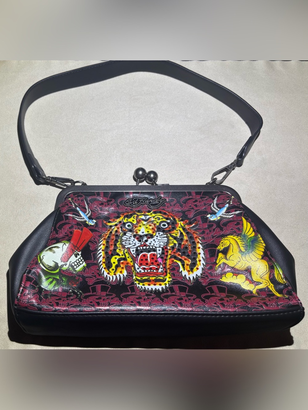 Authentic Ed Hardy Tiger Skull Rhinestone Kiss Lock Purse Skull Pegasus Bird Y2K